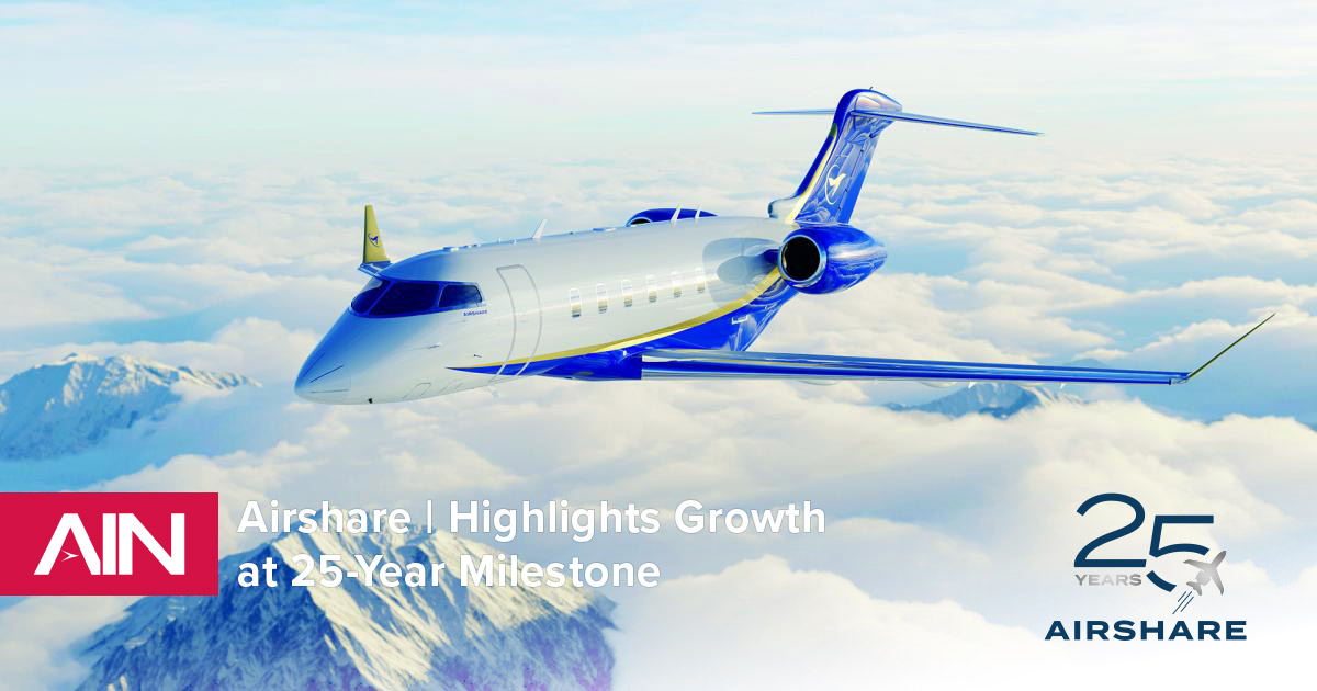 irshare Challenger 3500 flying over mountains with AIN logo overlay and Headline: Airshare Highlights Growth at 25-Year Milestone
