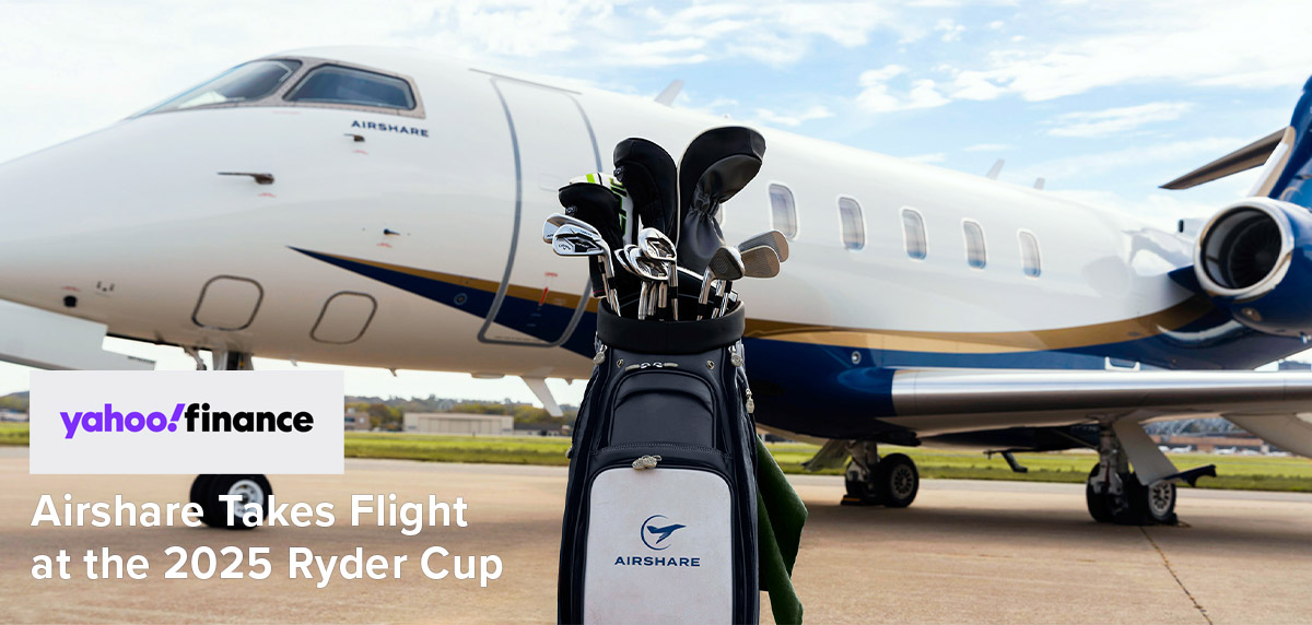 an Airshare Challenger 3500 sitting on an FBO ramp with a set of golf clubs sitting in front of it to debut its PGA partnership.