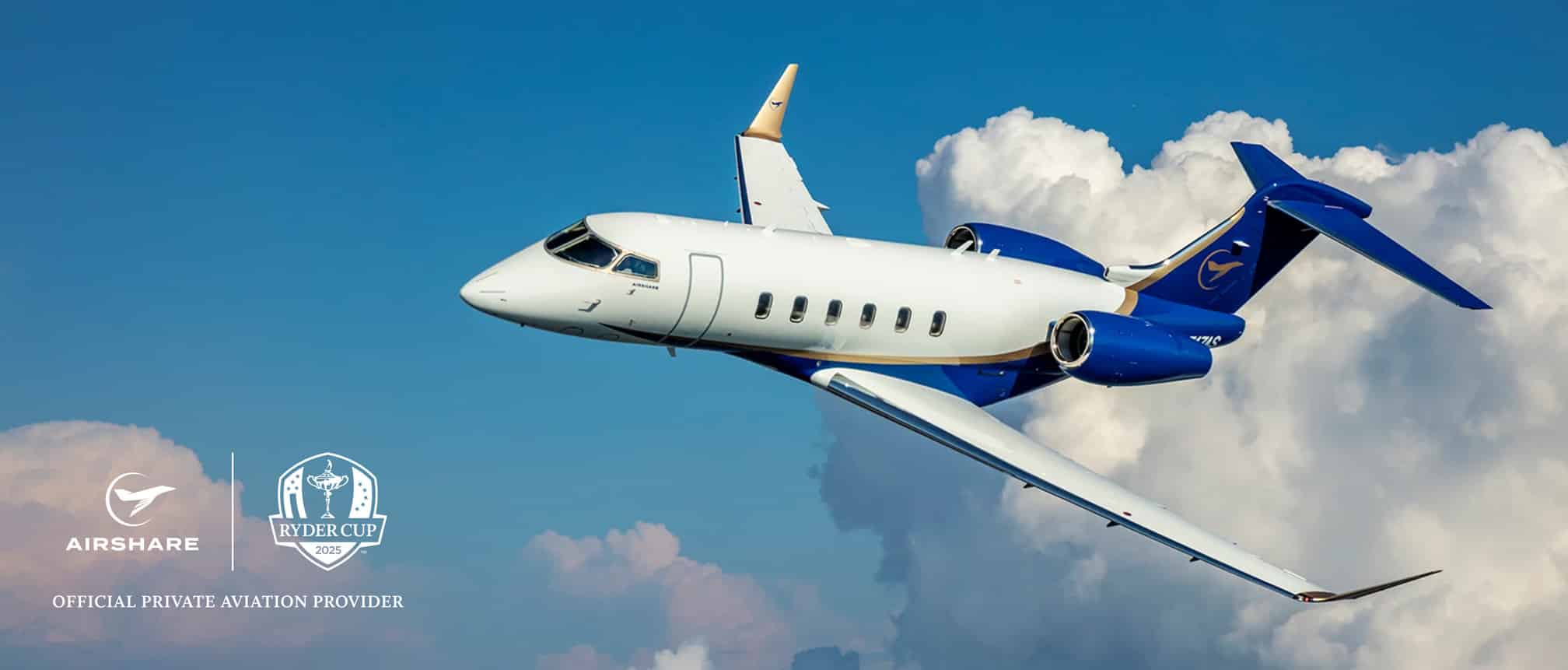 SherpaReport - Airshare Challenger 3500 aerial image with their Ryder Cup partnership logo in the corner of the image.