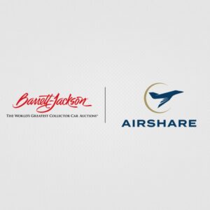 Barrett-Jackson | Airshare Lockup Logo over a textured gray background